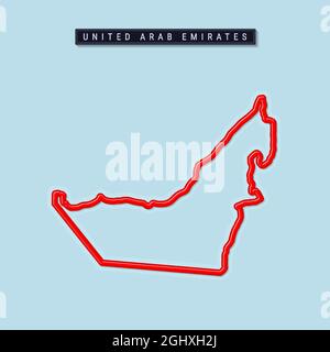 United Arab Emirates bold outline map. Glossy red border with soft shadow. Country name plate. Vector illustration. Stock Vector