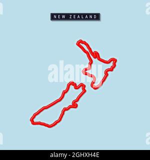 New Zealand bold outline map. Glossy red border with soft shadow. Country name plate. Vector illustration. Stock Vector