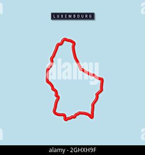 Luxembourg bold outline map. Glossy red border with soft shadow. Country name plate. Vector illustration. Stock Vector