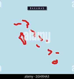 Bahamas bold outline map. Glossy red border with soft shadow. Country name plate. Vector illustration. Stock Vector