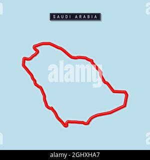 Saudi Arabia bold outline map. Glossy red border with soft shadow. Country name plate. Vector illustration. Stock Vector