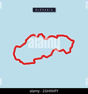 Slovakia bold outline map. Glossy red border with soft shadow. Country name plate. Vector illustration. Stock Vector