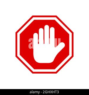 Red stop roadsign with simple hand symbol icon. No symbol isolated on white. Stop hand icon. Vector illustration. Stock Vector