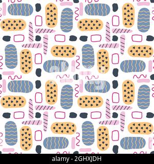 Abstract seamless patterns with hand drawn textured spots, curve lines and rectangle outlines in modern memphis style for textile, web, wrapping paper background vector illustration Stock Vector