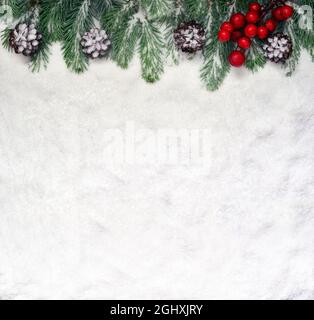 Snow background with fir branches and pine cones. Christmas decoration. Stock Photo