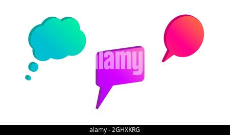 Dialogue speech bubles with modern gradient, 3D vector illustration. Round, square and thought cloud shapes collection. Stock Vector