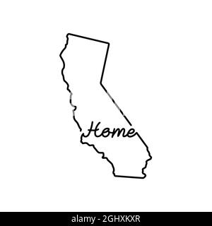 California US state outline map with the handwritten HOME word. Continuous line drawing of patriotic home sign. A love for a small homeland. Interior Stock Vector