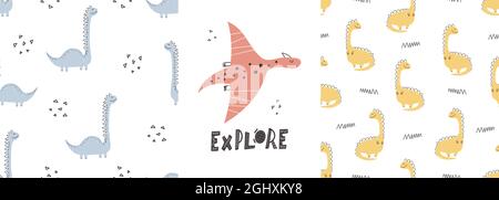 Cute dinosaur patterns with lettering - hand drawn childish dinosaur seamless pattern design. Vector illustration Stock Vector