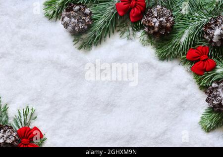 Christmas decoration with fir branches, red bows and cones. Stock Photo