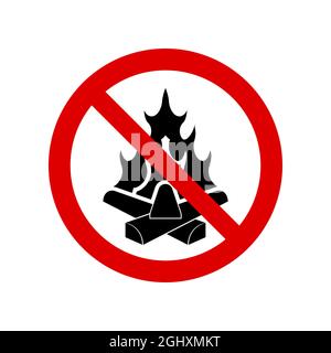 Open fire prohibition sign. No campfire symbol, do not sign, circle backslash symbol, nay, prohibited symbol, dont do it symbol isolated on white. Vec Stock Vector