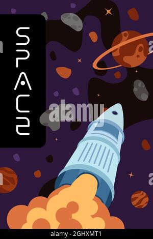 Space exploration or travel poster. Rocket exploring flies outer universe. Spaceship flight in galaxy across stars and planets. Exoplanet search, discovery and colonization placard concept. Vector Stock Vector