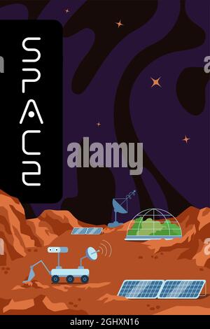 Galaxy and universe exploring poster. Exoplanet colonization human space base placard. Science station and rover on planet surface. Colonizers explore exoplanet soil exploration. Vector eps banner Stock Vector