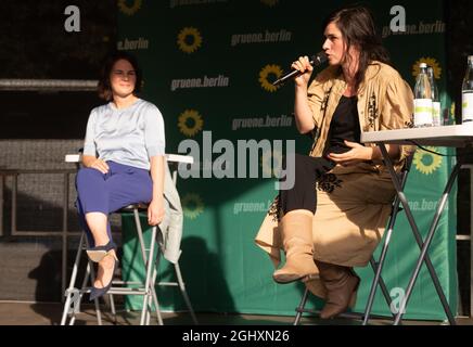 Berlin, Germany. 07th Sep, 2021. Annalena Baerbock (l), candidate for chancellor and party leader of Bündnis 90/Die Grünen, and actress Nora Tschirner speak on stage during an election campaign event of the Bündnis 90/ Die Grünen party. Credit: Christophe Gateau/dpa/Alamy Live News Stock Photo