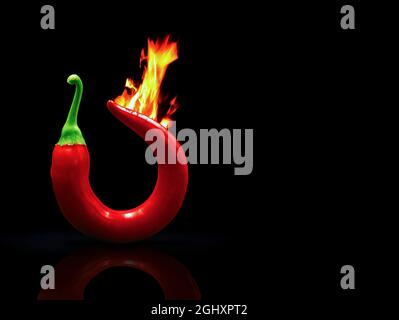 Burning red hot chili pepper isolated on black background with copy space on right side Stock Photo