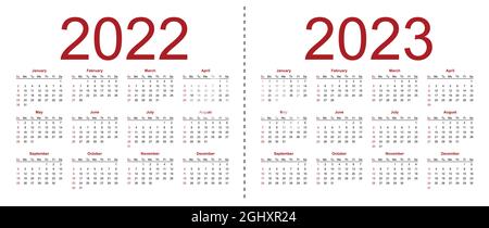 Set of minimalist calendars, years 2022 2023, weeks start Sunday. Isolated vector illustration on white background. Stock Vector