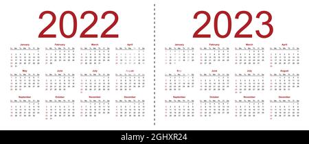 Set of minimalist calendars, years 2022 2023, weeks start Sunday. Isolated vector illustration on white background.