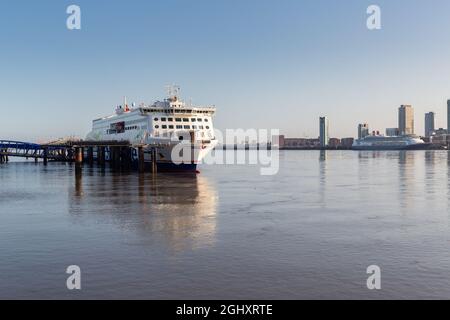 Birkenhead, UK: MS Stena Embla moored at 12 Quays dock, Birkenhead, opposite Liverpool's waterfront. Passenger service to Belfast. Stock Photo