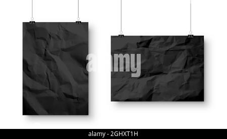 Realistic blank hanging paper sheets in A4 size with shadow isolated on white background. Black crumpled notebook page. Design poster, template or Stock Vector