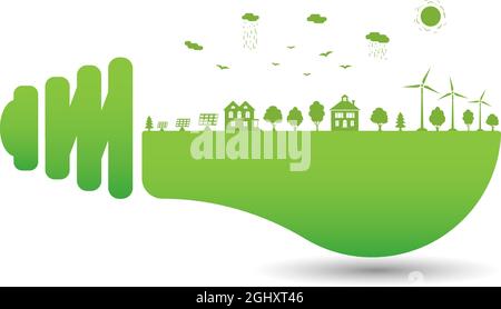 Silhouette green city with renewable energy sources. Ecological city and environment conservation. Green city inside the electric bulb. Vector. Stock Vector