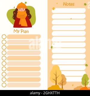 set - Autumn planner with Cute Girl with In a scarf and a hat with autumn leaves. Set of vertical templates - My plan and notes. Vector illustration. Stock Vector