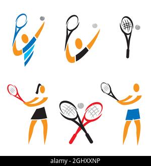 Tennis icons. Set of colorful symbols with tennis players and tennis rackets.Vector available. Stock Vector