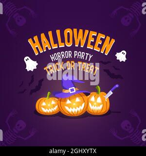 Monster pumpkins invite to Halloween party,banner, poster, greeting card.  Cute characters with speech bubble,spider, web and bat. Vegetables in  different poses,template for design.Vector illustration. Stock Vector