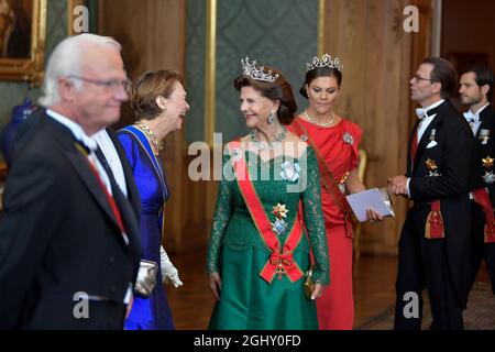 (L-R) Sweden' King Carl Gustaf, Elke Büdenbender, wife of German President Frank-Walter Steinmeier, Sweden's Queen Silvia, Crown Princess Victoria, Prince Daniel and Prince Carl Philip arrive for a State Banquet at the Royal Palace in Stockholm, Sweden, on Sept. 07 2021. The German presidential couple arrived in Sweden on Tuesday for a three-day state visit.  Photo: Anders Wiklund / TT / kod 10040 Stock Photo