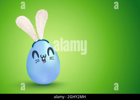 Vector illustration of blue egg with kawaii rabbit face for Easter. Vector cute egg with bunny ears in kawaii style. Stock Vector