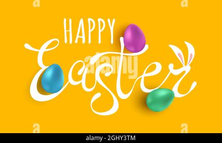 Vector banner with hand drawing lettering of Happy Easter and colorful eggs. Happy Easter 2025. Stock Vector