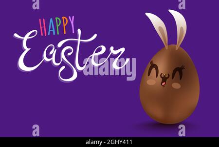 Vector lettering for Easter. Vector banner with lettering Happy Easter and chocolate egg with kawaii face. Stock Vector