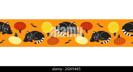 Halloween black cat on pumpkin seamless vector borde Stock Vector