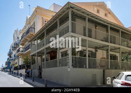 Tel Aviv, Israel - August 17th, 2021:Historic buildings in the american german colony area of Jaffa, Israel. Stock Photo