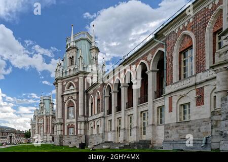 Russia. The Grand Palace in Tsaritsyno Park. Tsaritsyno Park is one of the main tourist attractions in Moscow. Beautiful scenic view of the old entrance of the complex in the summer on a Sunny day. High quality photo Stock Photo