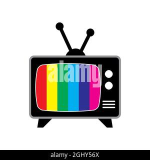 Retro tv symbol. Icon of old television screen with colored stripes. Simple cartoon design. Vector illustration isolated on white. Stock Vector