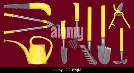 set of tools for gardening and vegetable gardening on cherry background Stock Vector