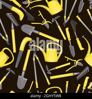 seamless pattern with gardening tools on brown background Stock Vector