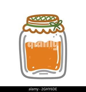 Jar with apricot jam isolated on white background. Hand-drawn vector illustration in cartoon doodle style. Perfect for cards, logo, autumn and holiday designs, decorations. Stock Vector