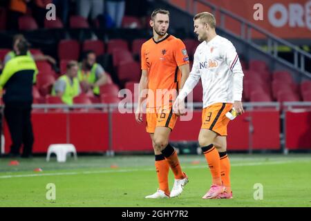 AMSTERDAM, NETHERLANDS - SEPTEMBER 7: Stefan de Vrij of the Netherlands and Matthijs de Ligt of the Netherlands during the 2022 FIFA World Cup Qualifier match between Netherlands and Turkey at the Johan Cruijff ArenA on September 7, 2021 in Amsterdam, Netherlands (Photo by Broer van den Boom/Orange Pictures) Stock Photo