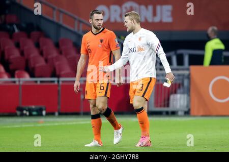 AMSTERDAM, NETHERLANDS - SEPTEMBER 7: Stefan de Vrij of the Netherlands and Matthijs de Ligt of the Netherlands during the 2022 FIFA World Cup Qualifier match between Netherlands and Turkey at the Johan Cruijff ArenA on September 7, 2021 in Amsterdam, Netherlands (Photo by Broer van den Boom/Orange Pictures) Stock Photo