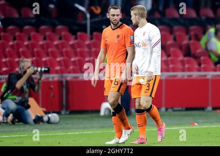 AMSTERDAM, NETHERLANDS - SEPTEMBER 7: Stefan de Vrij of the Netherlands and Matthijs de Ligt of the Netherlands during the 2022 FIFA World Cup Qualifier match between Netherlands and Turkey at the Johan Cruijff ArenA on September 7, 2021 in Amsterdam, Netherlands (Photo by Broer van den Boom/Orange Pictures) Stock Photo