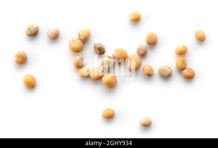 mustard seeds macro isolated on white background, top view Stock Photo