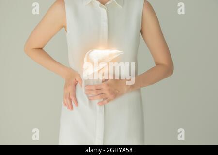 Unrecognizable female patient in white clothes, highlighted handrawn liver in hands. Human digestive system issues concept. Stock Photo
