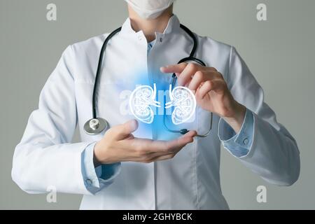 kidney issues medical concept. Photo of female doctor, empty space. Stock Photo