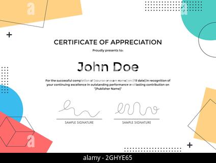 Certificate of Appreciation template with abstract geometric memphis style design. Stock Vector