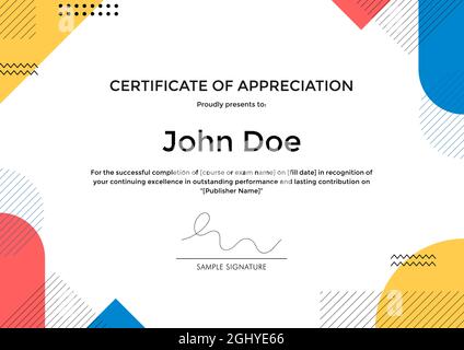 Certificate of Appreciation template with abstract geometric memphis style design. Stock Vector