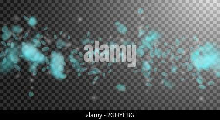 Turquoise flower petals falling down. Stunning romantic flowers falling rain. Flying petal on transparent wide background. Love, romance concept. Deli Stock Vector