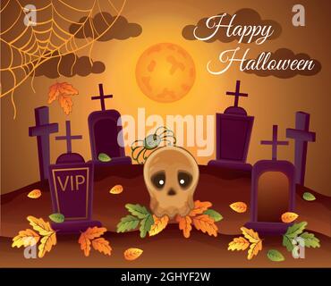 Halloween night cemetery with skull monster, full moon, spider, gravestone, crosses. Spooky landscape in moonlight. Holiday greeting card vector Stock Vector