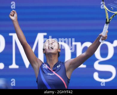 Flushing Meadow, United Stated. 07th Sep, 2021. Leylah Fernandez of Canada reacts after winning a point before defeating Elina Svitolina of the Ukraine in a 3rd set tiebreak in the quarterfinals of the 2021 US Open Tennis Championships in Arthur The Stadium at the USTA Billie Jean King National Tennis Center on Tuesday, September 7, 2021 in New York City. Photo by John Angelillo/UPI Credit: UPI/Alamy Live News Stock Photo