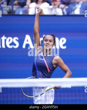 Flushing Meadow, United Stated. 07th Sep, 2021. Leylah Fernandez of Canada reacts after winning a point before defeating Elina Svitolina of the Ukraine in a 3rd set tiebreak in the quarterfinals of the 2021 US Open Tennis Championships in Arthur The Stadium at the USTA Billie Jean King National Tennis Center on Tuesday, September 7, 2021 in New York City. Photo by John Angelillo/UPI Credit: UPI/Alamy Live News Stock Photo