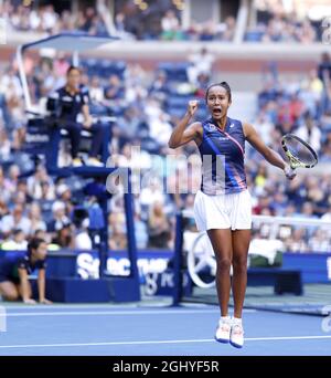 Flushing Meadow, United Stated. 07th Sep, 2021. Leylah Fernandez of Canada reacts after winning a point before defeating Elina Svitolina of the Ukraine in a 3rd set tiebreak in the quarterfinals of the 2021 US Open Tennis Championships in Arthur The Stadium at the USTA Billie Jean King National Tennis Center on Tuesday, September 7, 2021 in New York City. Photo by John Angelillo/UPI Credit: UPI/Alamy Live News Stock Photo